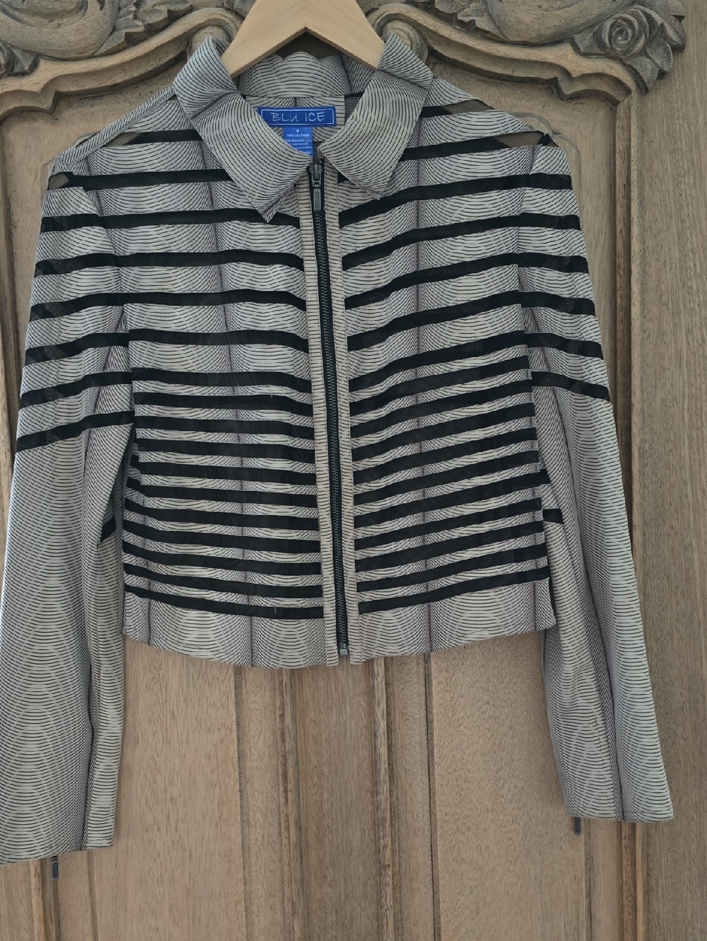 Black & Taupe Striped Zip-Front Leather Women's Lightweight Jacket